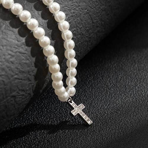 Vintage Pearl Cross Pendant Necklace For Men Women Punk Goth