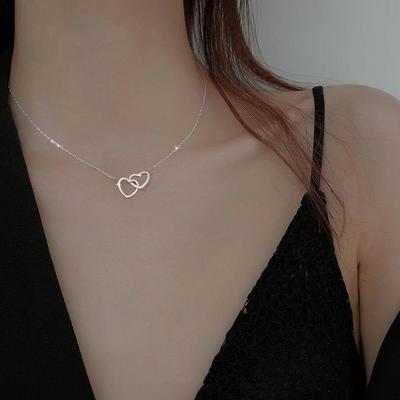Silver Color Double Heart Choker Necklace for Women Girl Par
