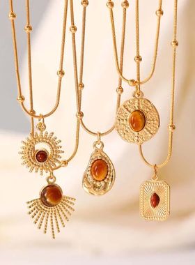 Vintage Brown Opal Pendant Necklaces for Women Maillard Gold