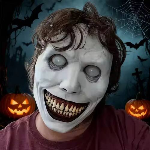 Creepy Halloween Smiling Face Demon Mask White Eyed Devil Ma