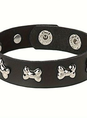 Punk-Inspired Black PU Leaher Bracele wih Dog Bone Charms -