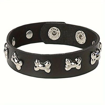 Punk-Inspired Black PU Leaher Bracele wih Dog Bone Charms -