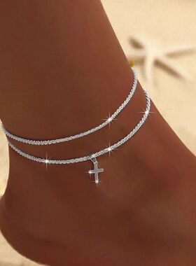 Shiny Sparkling Simple Anklet for Women Cross Pendant Silver