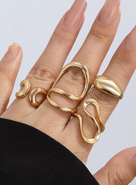 Ingemark 4Pcs Vintage Irregular C Shape Open Ring Set Women