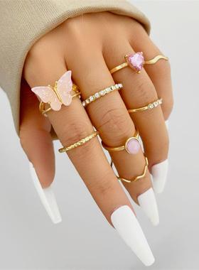 Sweet Pink Butterfly Heart Knuckle Ring Set For Women Girls
