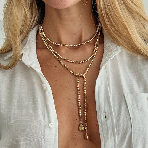 Beaded Crinkle Layered Necklace for Women, Gold Plated Stack