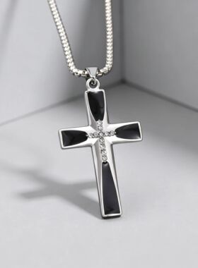 New Stainless Steel Zircon Cross Pendant Necklace,Women Men'