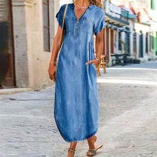 soft temperament womens simple neck Dress zipper loose
