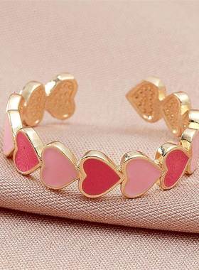 Fashion Vintage Bohemia Pink Enamel Love Heart Opening Ring