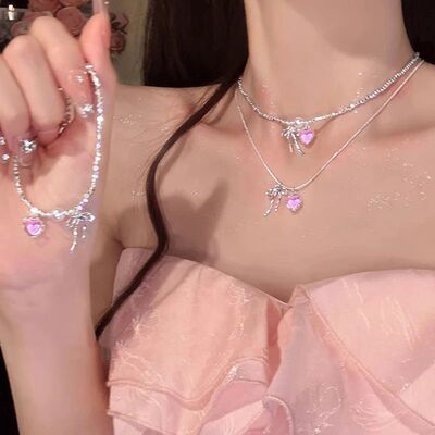 Y2K ndy Bowkno Necklace Pink Zircon Clavicle Chain Bracele f