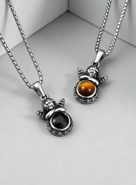 Stainless Steel Angel Pendant Necklace for Women,Round Tiger