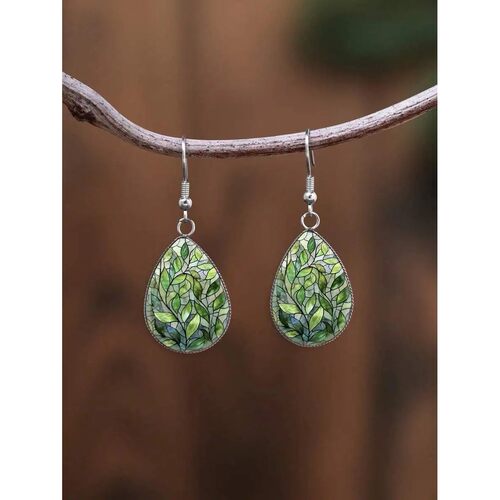 Green Leaf Pattern Water Drop Earrings Stainless Steel  Mini