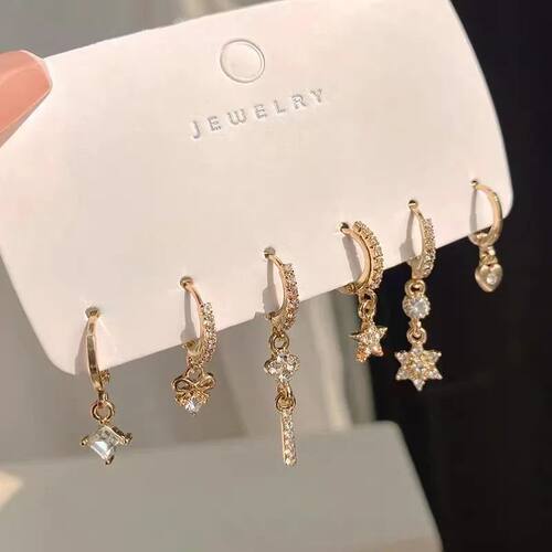 6Pcs/Set Gold Color Geometric Pendant Hoop Earrings for Wome