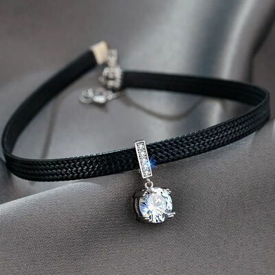 Glier Zircon Geomeric Pendan Choker Sexy Black Leaher Shor N