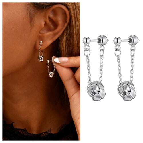 Metal Knot Drop Earrings With Tassels, Silver Gold Color Lon