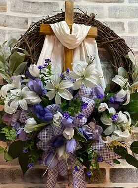 Easer Cross Wreah wih Arificial Flowers Door Hanger for Chur