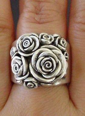 Vintage Rose Flower Rings For Women Ancient Silver Color Sta