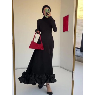 Dress Women Party  Ruffle Hem Moroccan Kaftan Robe Jalabiya