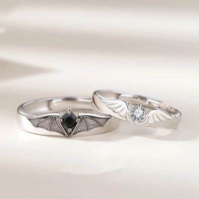 Luxury Crystal Angel Demon Couple Rings for Women Men Romant