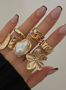 Fashion Gold Color Flower Crysal Imiaion Pearl Open Ring for
