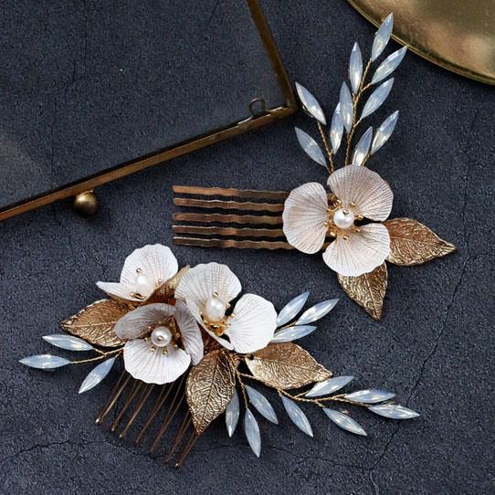 Opal Pearl Headpieces Flower Leaf Hair Combs Pins Gold Bride