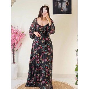 Floral Print Sweet Dress Women Vestidos Jalabiya Arab Long R