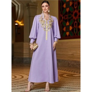 Satin Party Dress For Women Mulsim  V Neck Diamond Jalabiya
