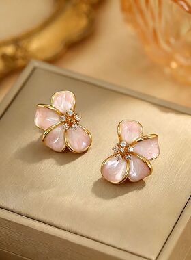 Style Pink Enamel Flower Earrings Gold Tone Zircon Inlaid St