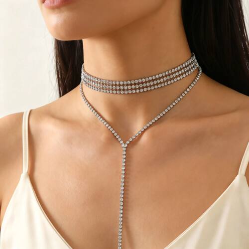 Luxury White Zircon Layered Lariat Chain Necklace for Women,