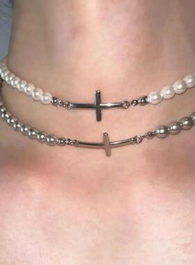 Hip Hop Pearl Splicing Cross Necklace for Man Woman Fashion