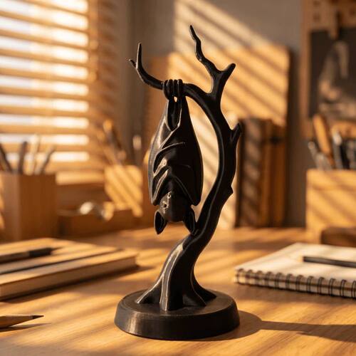 3D Printed Hanging Bat Branch Statue Black Minimalist Hallow