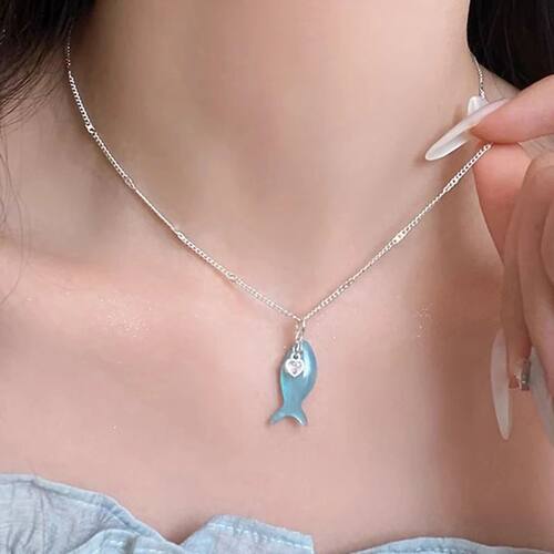Y2K Blue Crystal Heart Fish Pendant Necklace for Women Fashi