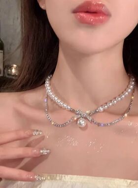 Pearl Bow Pendan Chain Necklaces Y2K Zircon Beads Tassel Nec