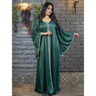 Long Dress Women Solid V Neck Jalabiya Dubai  Moroccan Kafta