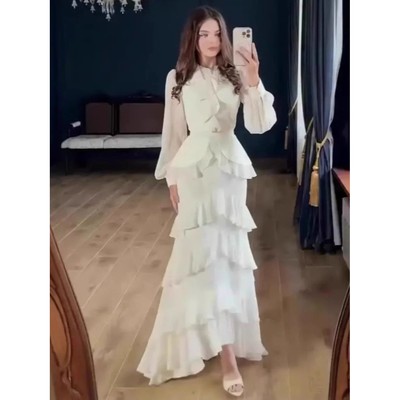 Women Dress   Ruffle Elegant Solid Cake  Jalabiya Vestidos L