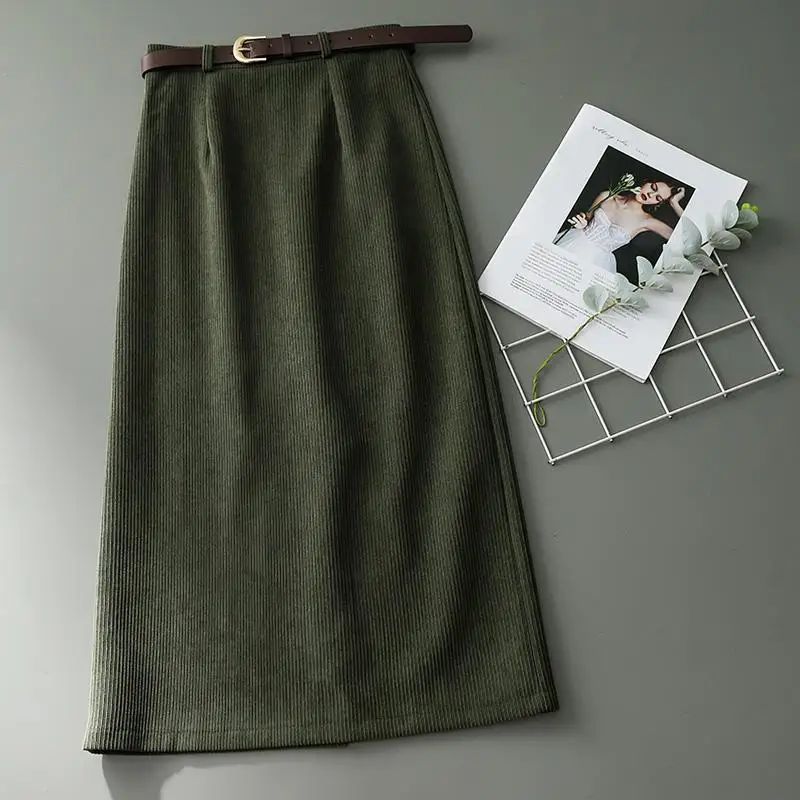 Vintage Green Corduroy Thicken Skirts Female High Waist Back
