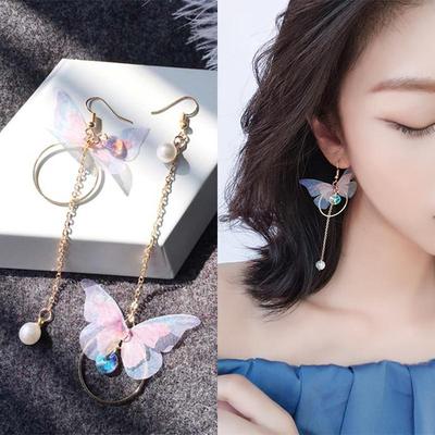Korean Retro Asymmetric Butterfly Imitation Pearl Earrings F