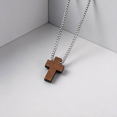 Natural Wood Pendant Necklace for Men Women, Stainless Steel