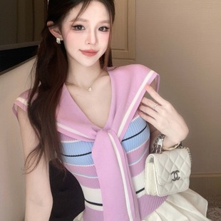 領(lǐng)帶設(shè)計 甜妹風(fēng)針織上衣女粉藍條紋 溫柔減齡少女感穿搭上衣