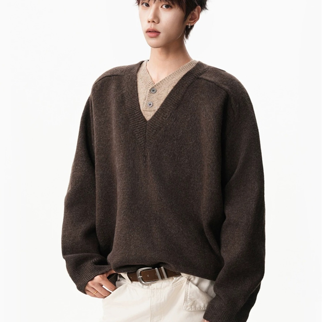 假两件V领针织衫毛衣男秋冬新款