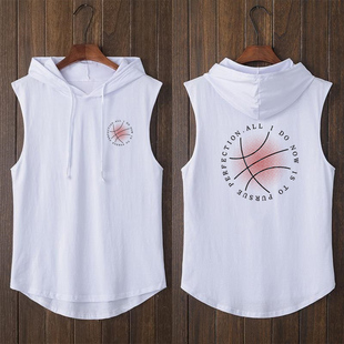 无袖t恤男背心潮流运动夏季连帽美式复古速干吸汗健身带帽短体袖