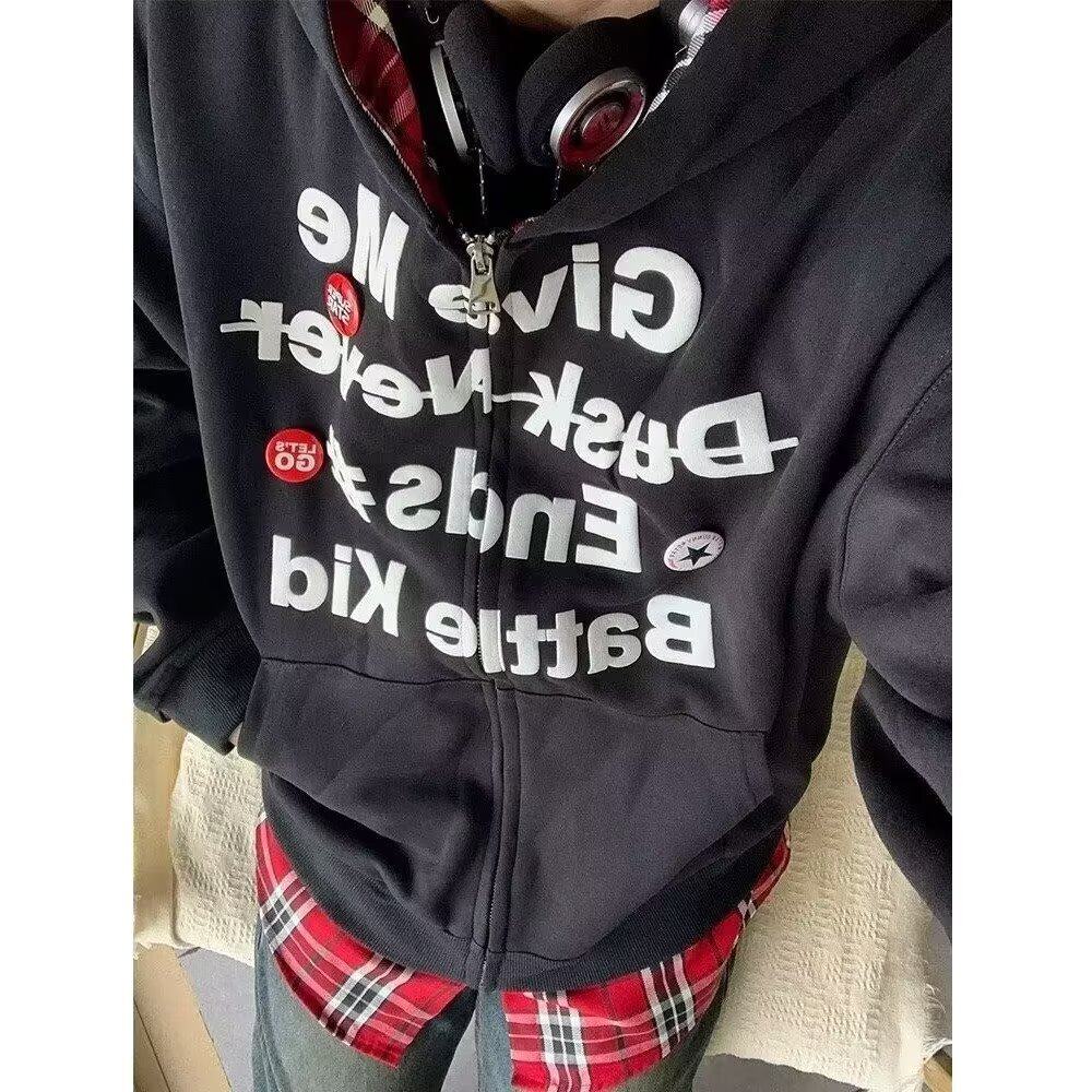 美式复古假两件格子拼接连帽卫衣男女秋冬季潮牌情侣开衫大码外套