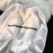 潮牌喷绘字母项链圆领卫衣美式 街头情侣落肩上衣男女中性打底衫 潮