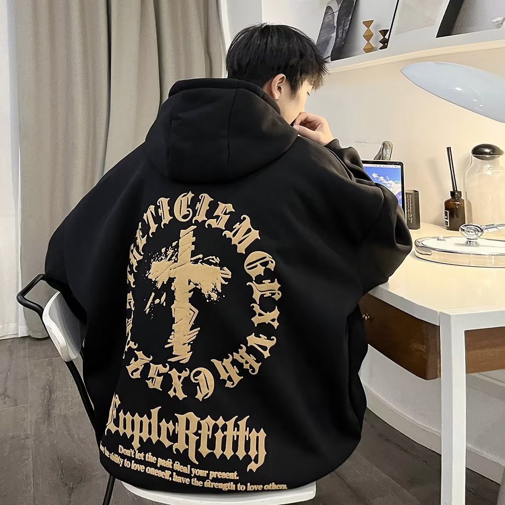 美式潮牌重磅卫衣男冬季加绒加厚十字架印花欧美嘻哈oversize外套