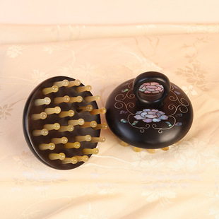 紫光檀羊角螺钿牡丹花指环钉钉按摩梳家用小随身头皮专用圆梳子