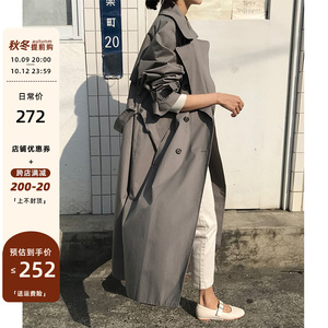 深灰色风衣女2023新款春秋韩版宽松长款系带外套长袖休潮流大衣