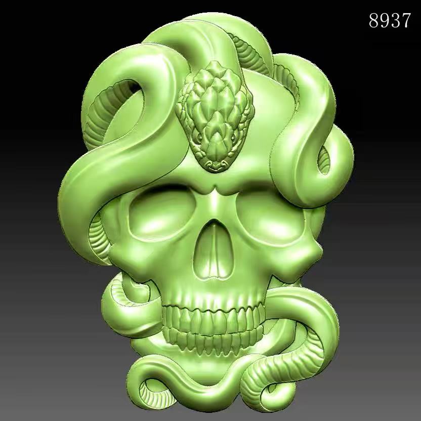 骷颅头与蛇三维立体图圆雕图stlOBJ文件雕刻机精雕水晶雕刻3D新图