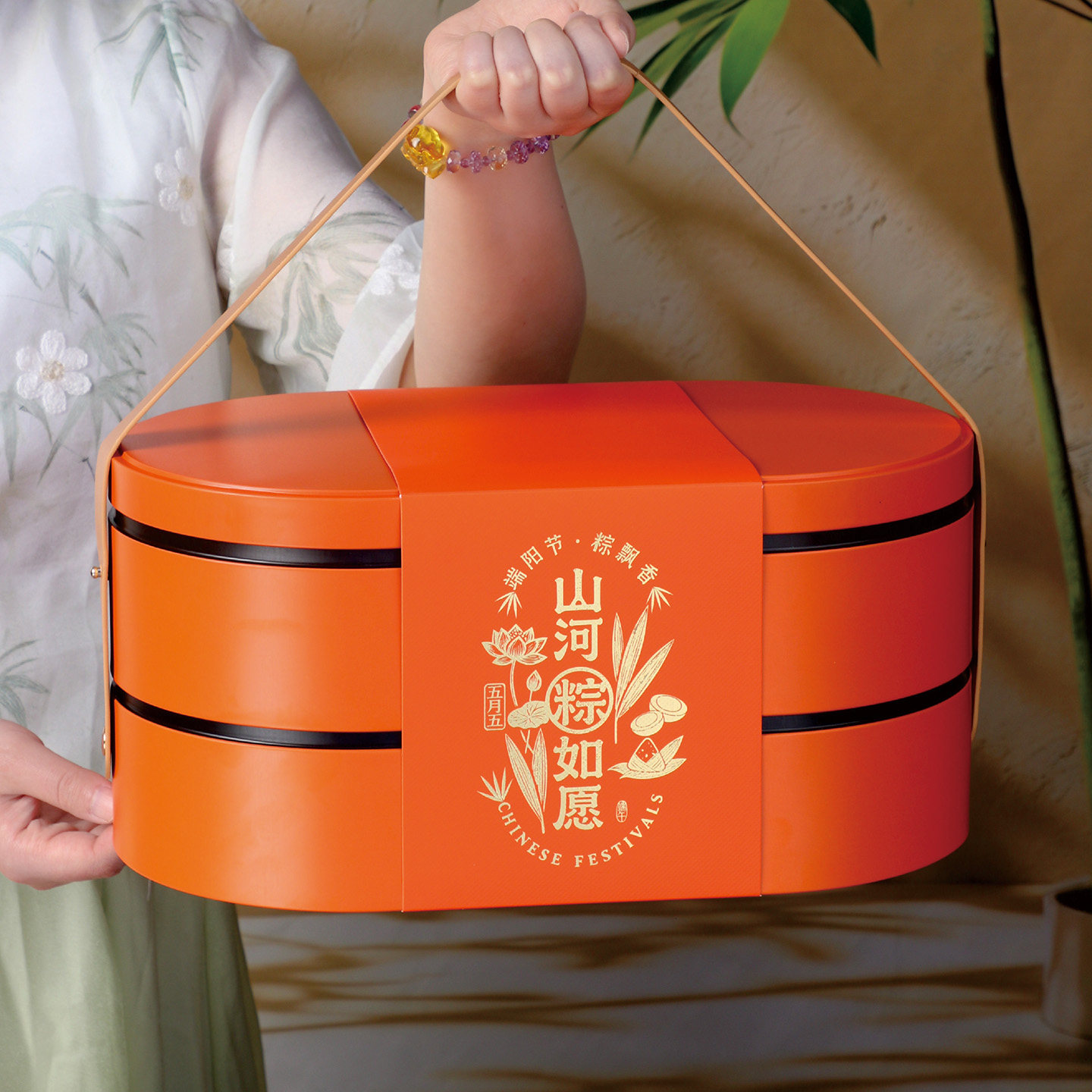 2026端午粽子包装礼品铁盒子高档桔红色手提式食品礼盒定制做LOGO