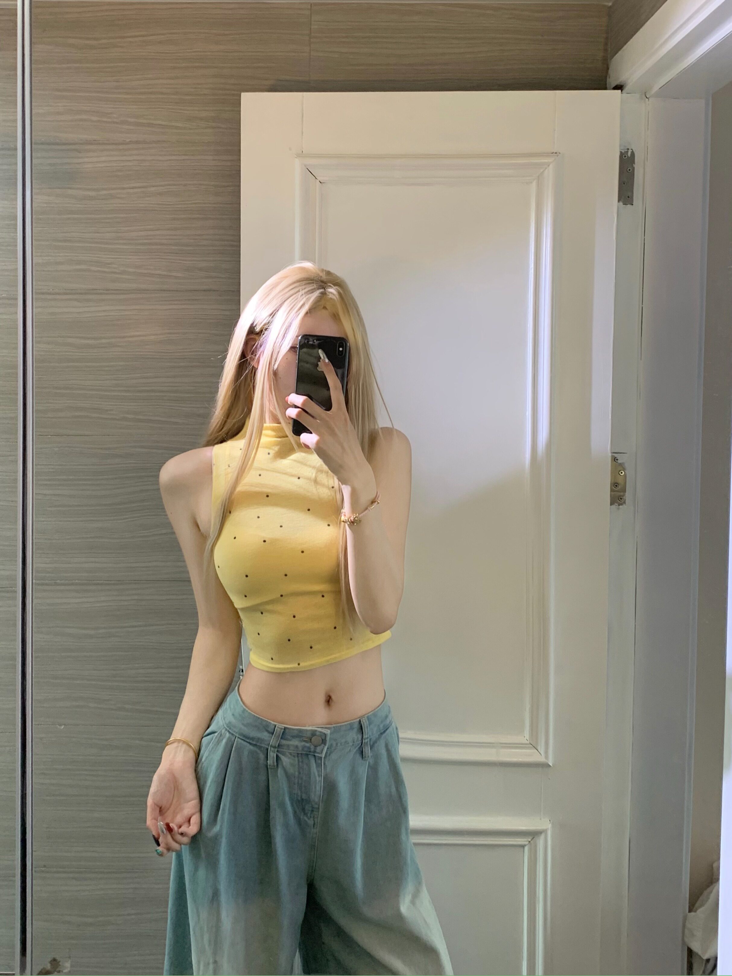 半高领波点无袖吊带背心女短款图片