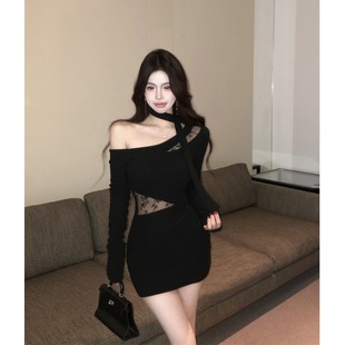 高腰裙子纯欲紧身包臀短裙 修身 黑色蕾丝拼接斜肩长袖 连衣裙女秋季